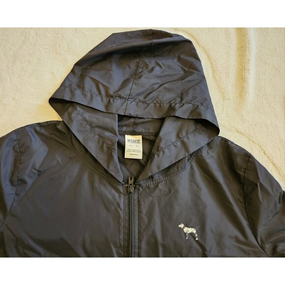 Victorias Secret PINK Black Light Windbreaker Rain Jacket Hooded Zip Size M - L - Picture 2 of 10
